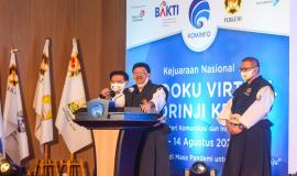 Menkominfo Johnny G. Plate memberikan sambutan dan membuka secara resmi kegiatan Kejurnas Virtual Tandoku Shorinji Kempo di Aula Anantakupa Kemkominfo, Jakarta (13/08/2020).