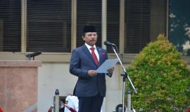 Menkominfo memberikan amanah pada Upacara Hari Kebangkitan Nasional ke-112 di Lapangan Anantakupa Kementerian Komunikasi dan Informatika, Jakarta (20/5/2020).