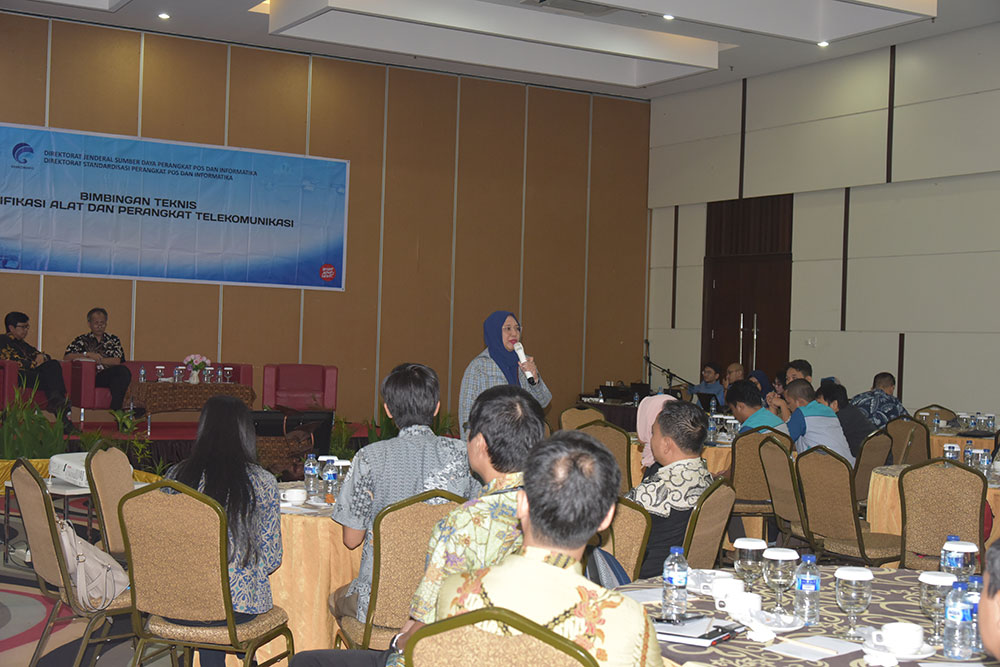 Kepala Sub Direktorat Monitoring dan Penertiban, Direktorat Pengendalian SDPPI Irawati Tjipto Priyanti menyampaikan materi dalam bimtek mengenai sertifikasi perangkat telekomunikasi di Sentul, Bogor, Jabar, Rabu (6/2/2019).